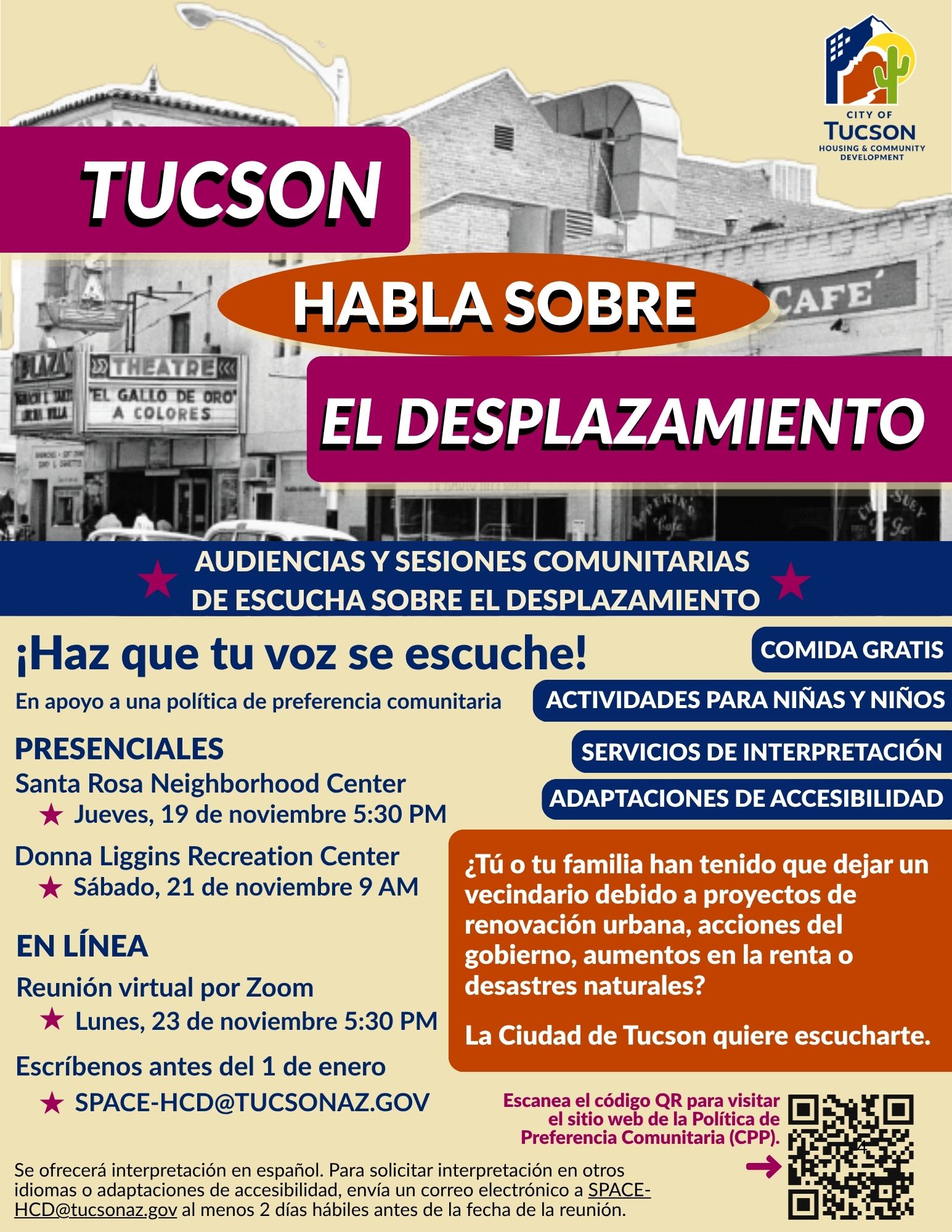 Folleto en español que anuncia las audiencias sobre desplazamiento y las sesiones de escucha de la Política de Preferencia Comunitaria de la Ciudad de Tucson.